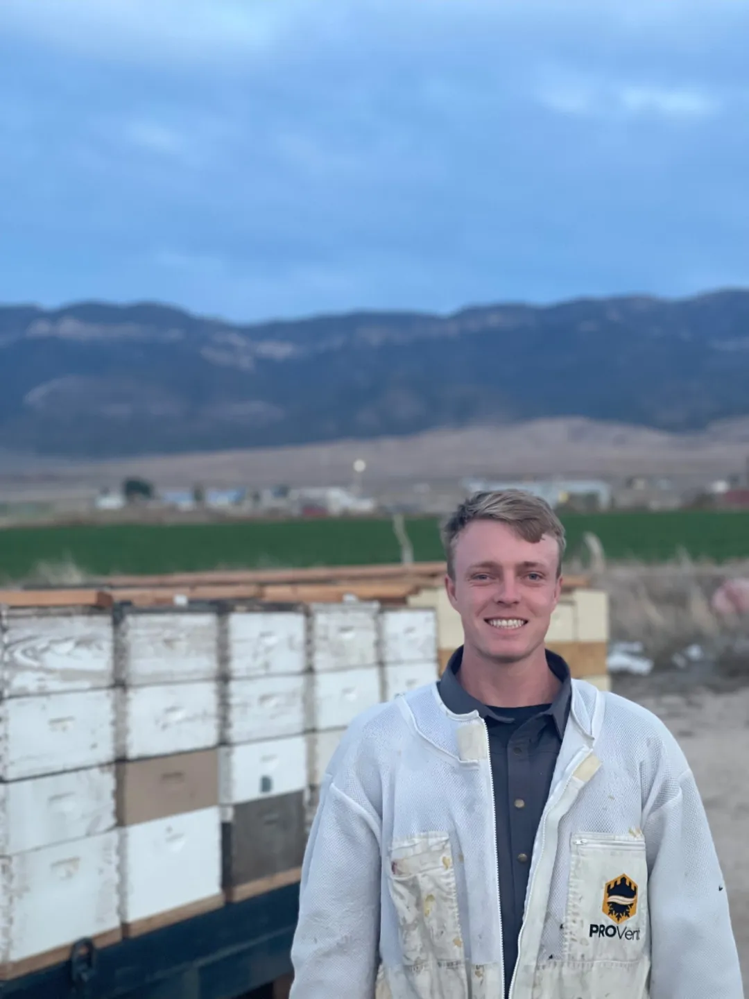 A person standing in front of rows of white beehives, with mountains in the distance